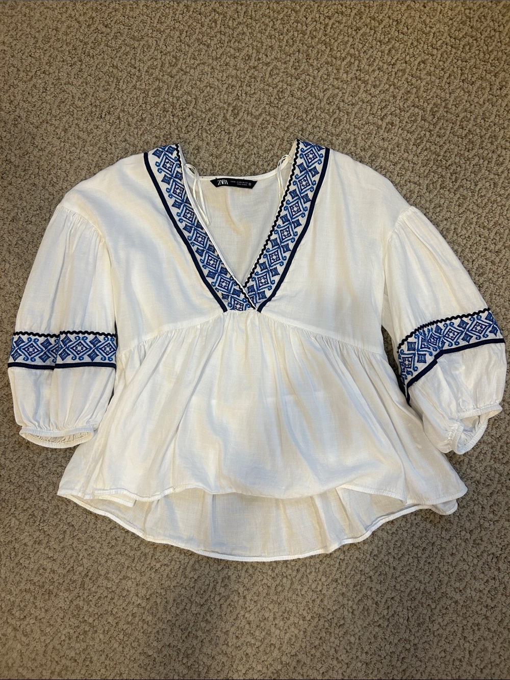 Zara White Peasant Top with Blue Embroidered Trim
